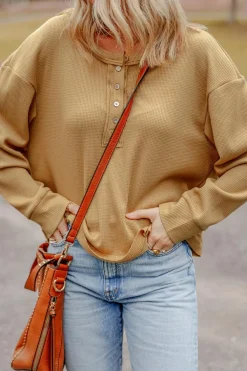Discount Dear-Lover Textured Knit Half Button Drop Shoulder Oversized Top Camel