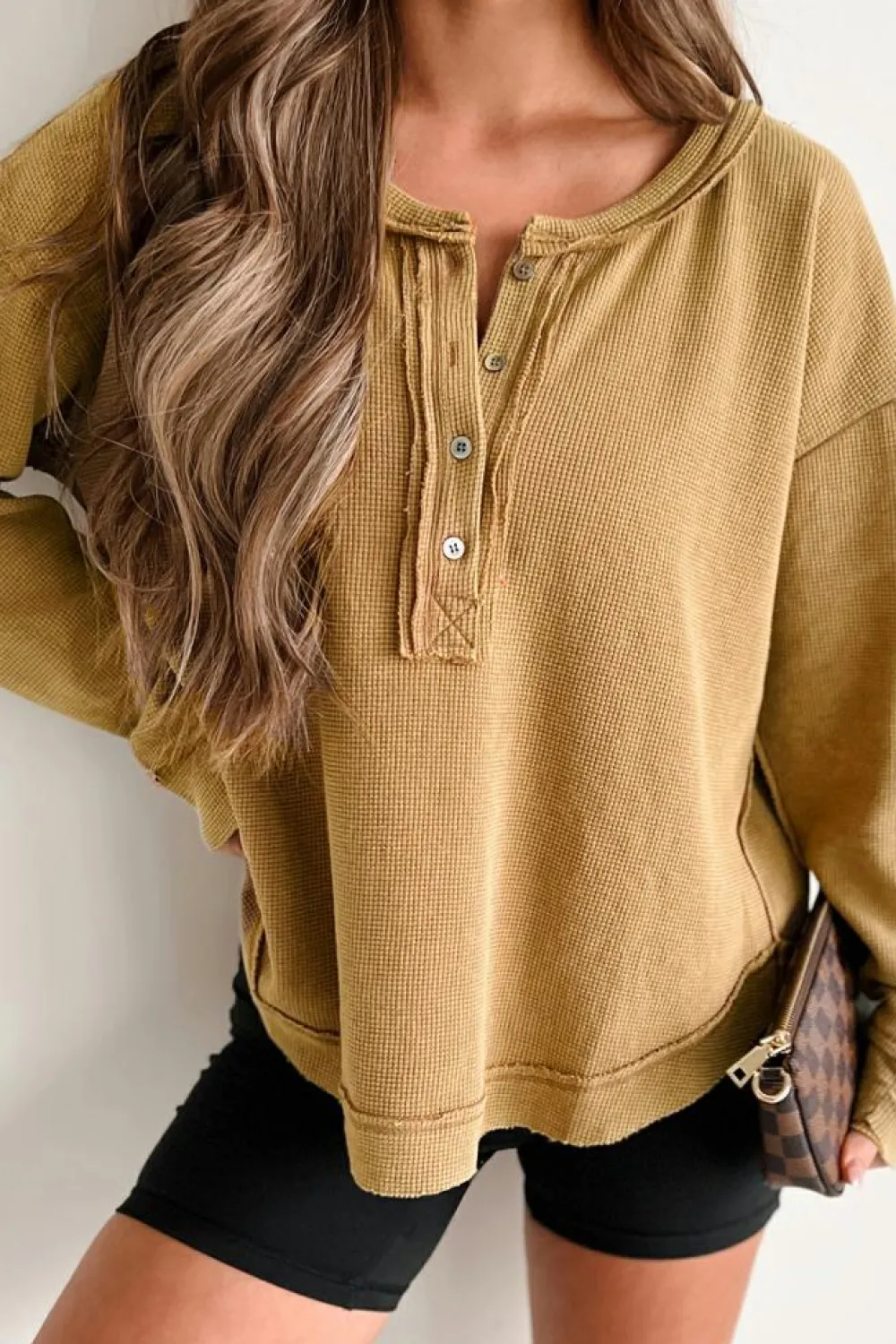 Discount Dear-Lover Textured Knit Half Button Drop Shoulder Oversized Top Camel