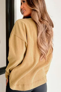 Discount Dear-Lover Textured Knit Half Button Drop Shoulder Oversized Top Camel