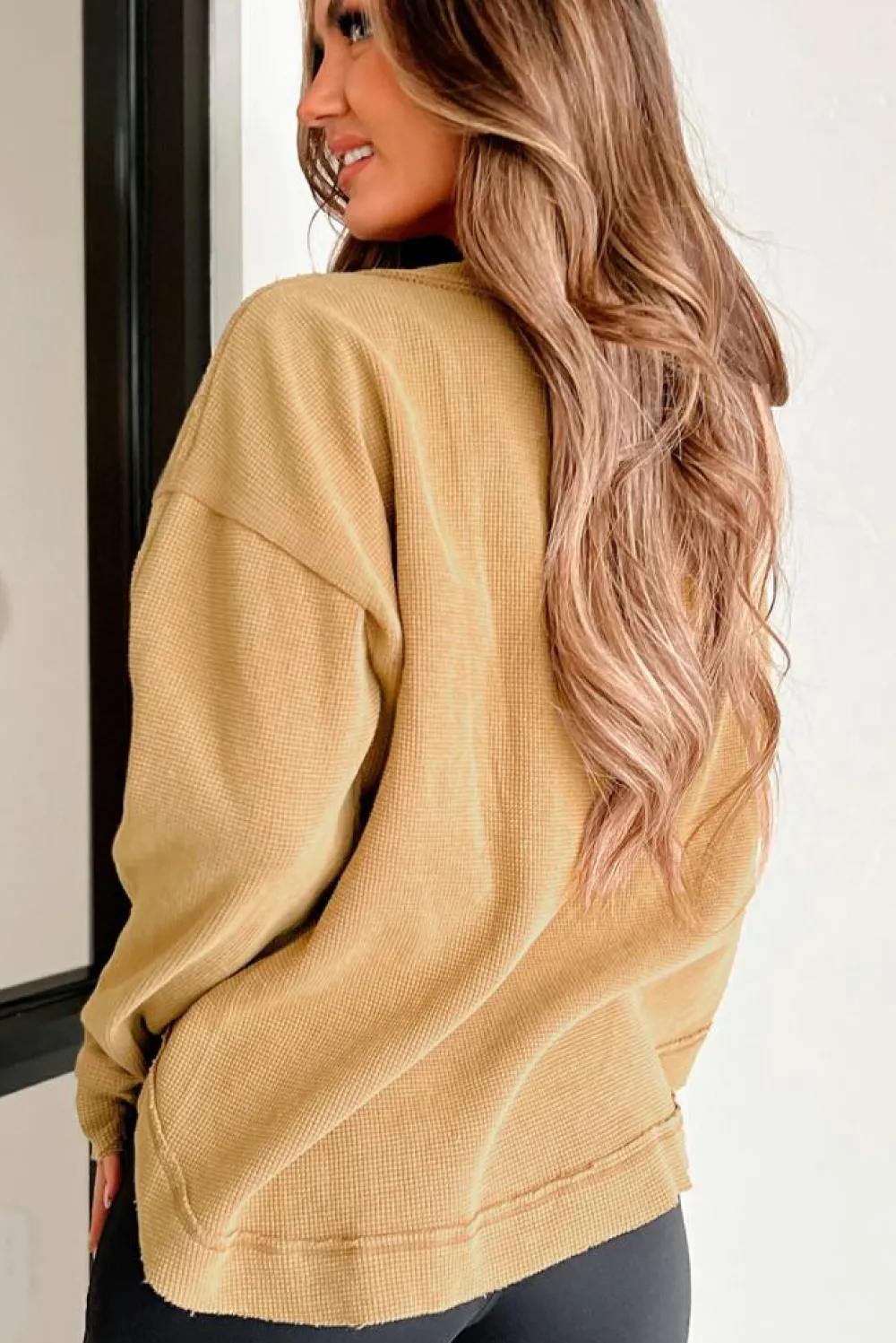 Discount Dear-Lover Textured Knit Half Button Drop Shoulder Oversized Top Camel