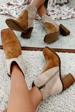 Discount Dear-Lover Two Tone Faux Suede Square Toe Chunky Heel Boots Camel