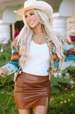 Online Dear-Lover Western Pattern Patchwork Flap Pocket Shacket Camel