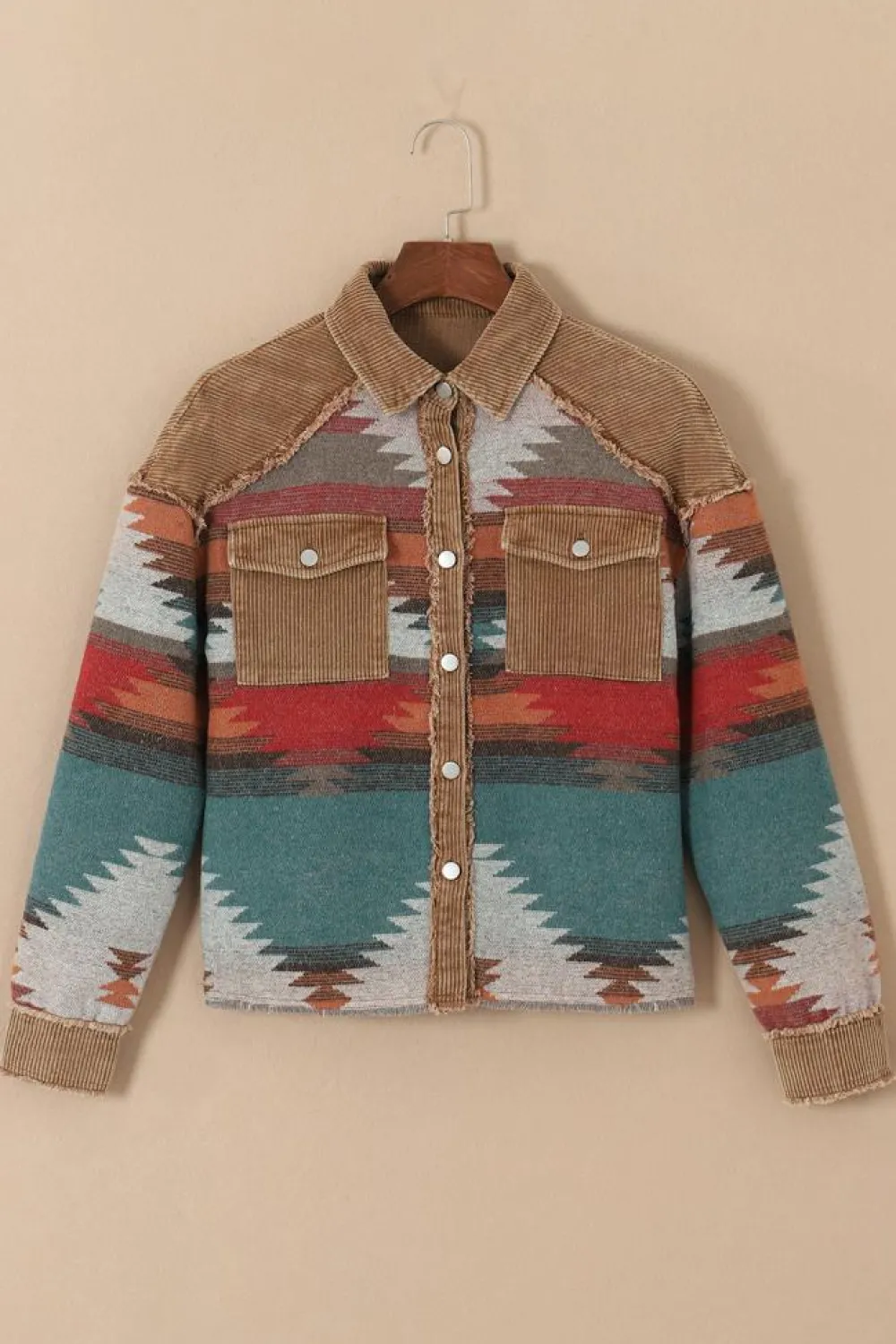 Online Dear-Lover Western Pattern Patchwork Flap Pocket Shacket Camel