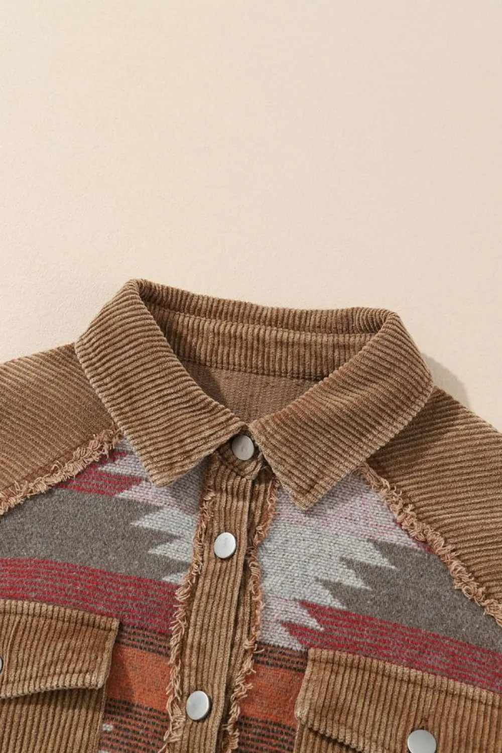 Online Dear-Lover Western Pattern Patchwork Flap Pocket Shacket Camel