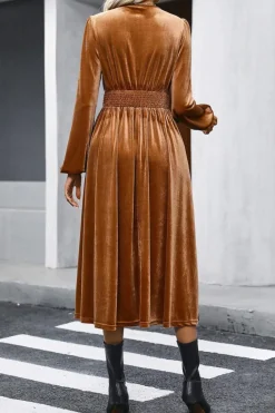 Online Dear-Lover Wrap V Neck Smocked High Waist Velvet Midi Dress Camel