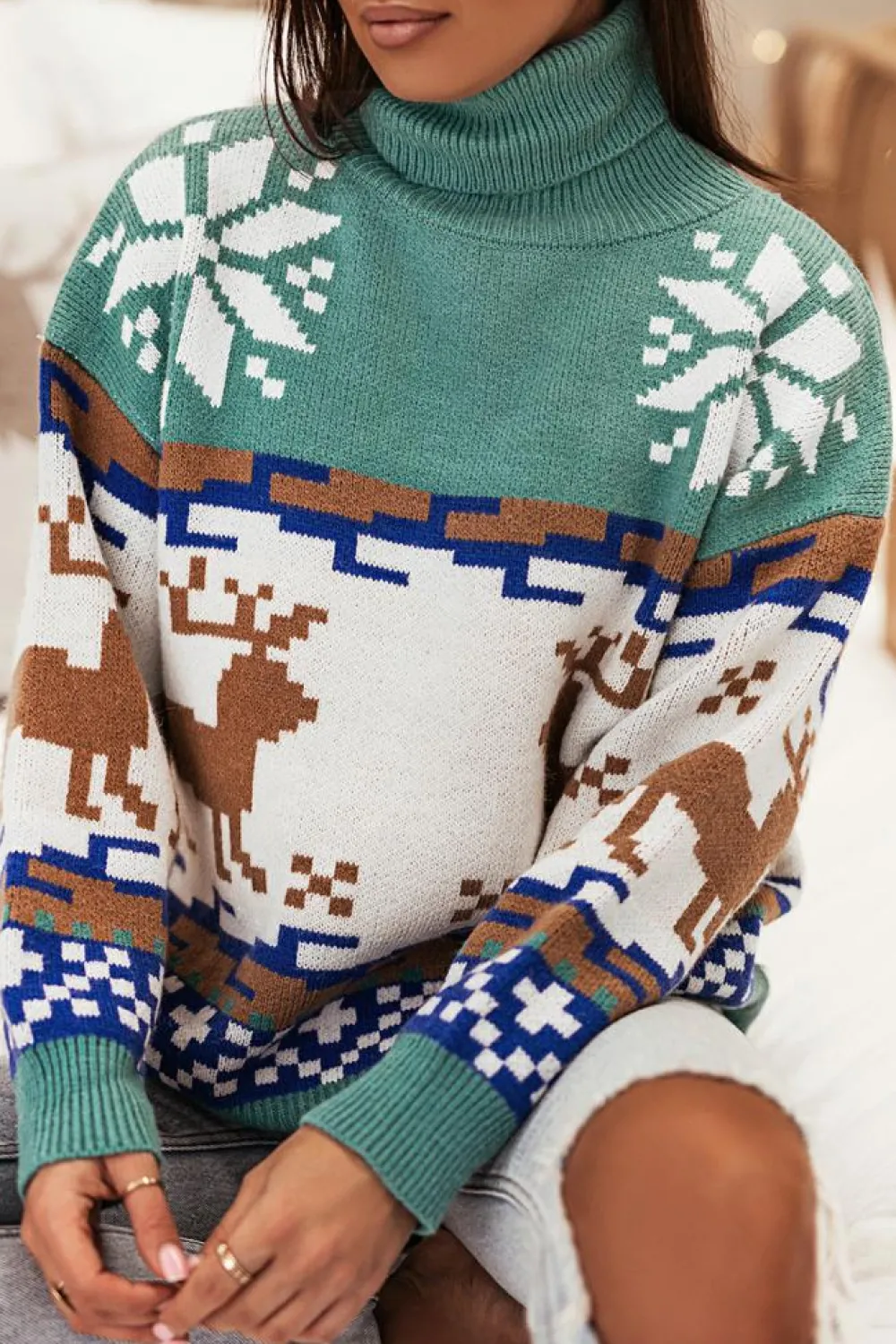 Hot Dear-Lover Christmas Reindeer Snowflake Colorblock Turtleneck Sweater Canton