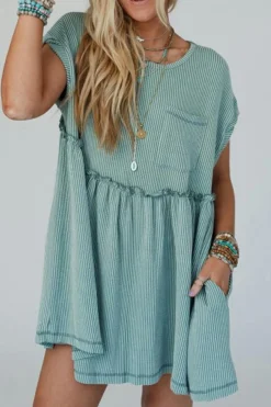 Online Dear-Lover Corded Knit Textured Patched Pocket Frilled Swing Mini Dress with Pockets Canton