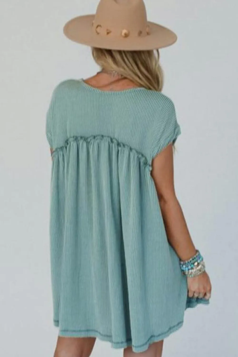 Online Dear-Lover Corded Knit Textured Patched Pocket Frilled Swing Mini Dress with Pockets Canton
