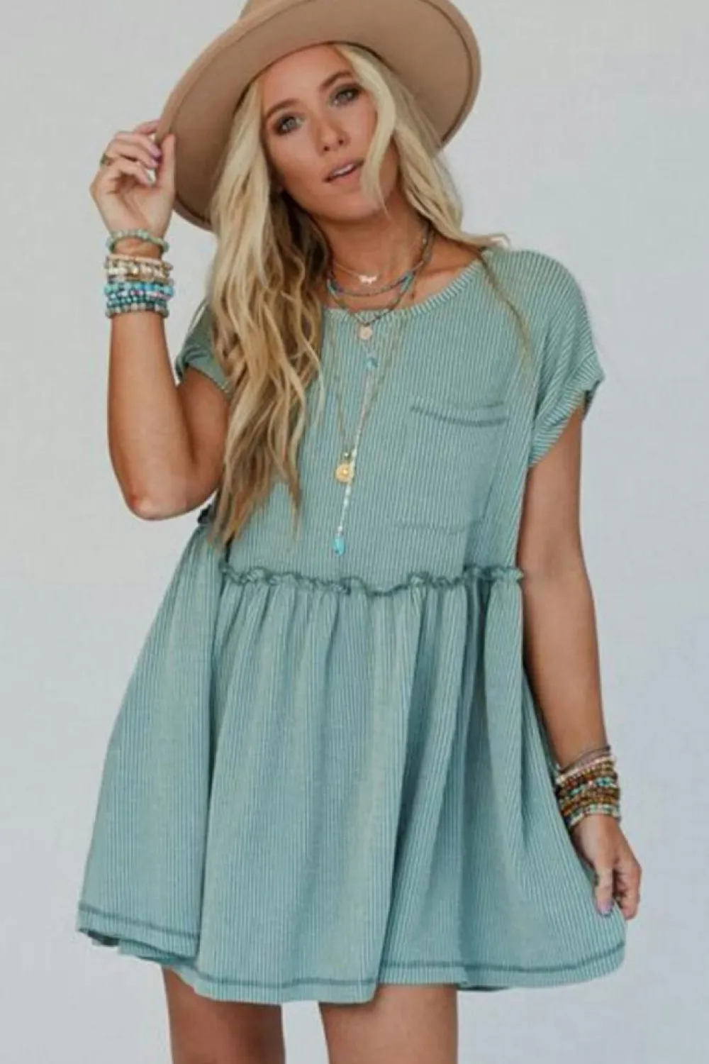 Online Dear-Lover Corded Knit Textured Patched Pocket Frilled Swing Mini Dress with Pockets Canton