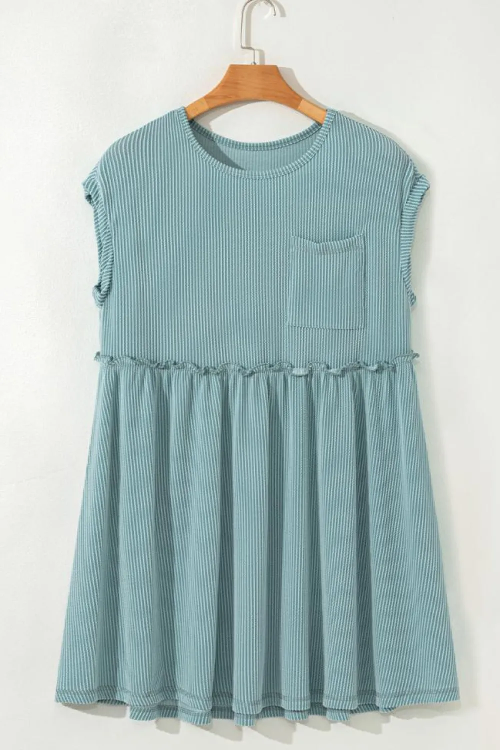 Online Dear-Lover Corded Knit Textured Patched Pocket Frilled Swing Mini Dress with Pockets Canton