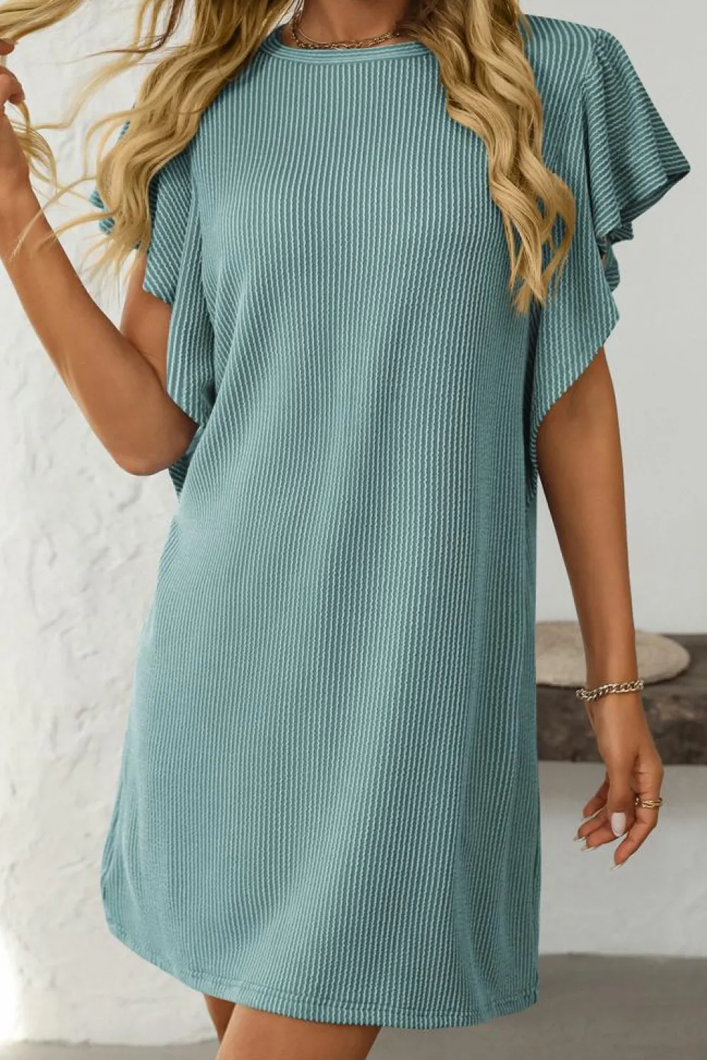 Outlet Dear-Lover Corded Ruffle Sleeve Crew Neck Shift Dress Canton