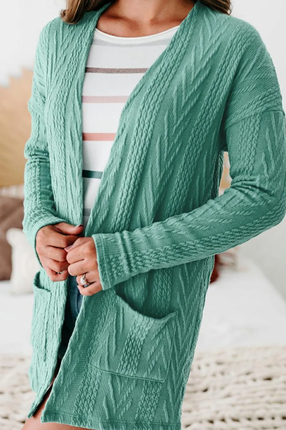 Discount Dear-Lover Solid Textured Open Front Cardigan with Pocket Canton