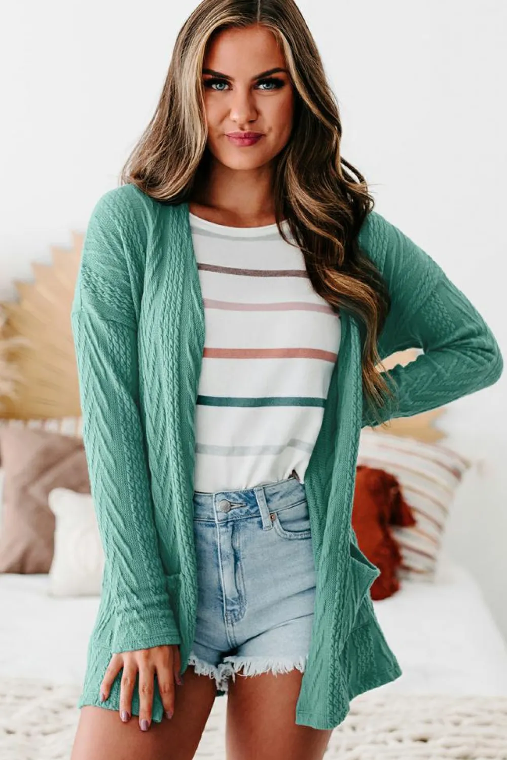 Discount Dear-Lover Solid Textured Open Front Cardigan with Pocket Canton