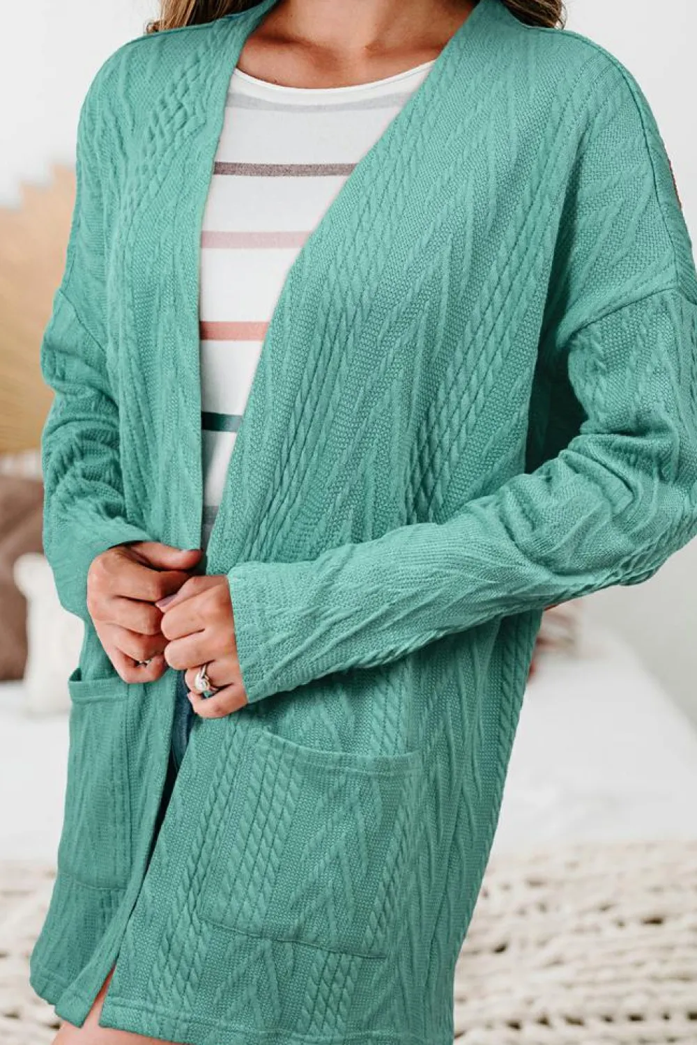 Discount Dear-Lover Solid Textured Open Front Cardigan with Pocket Canton