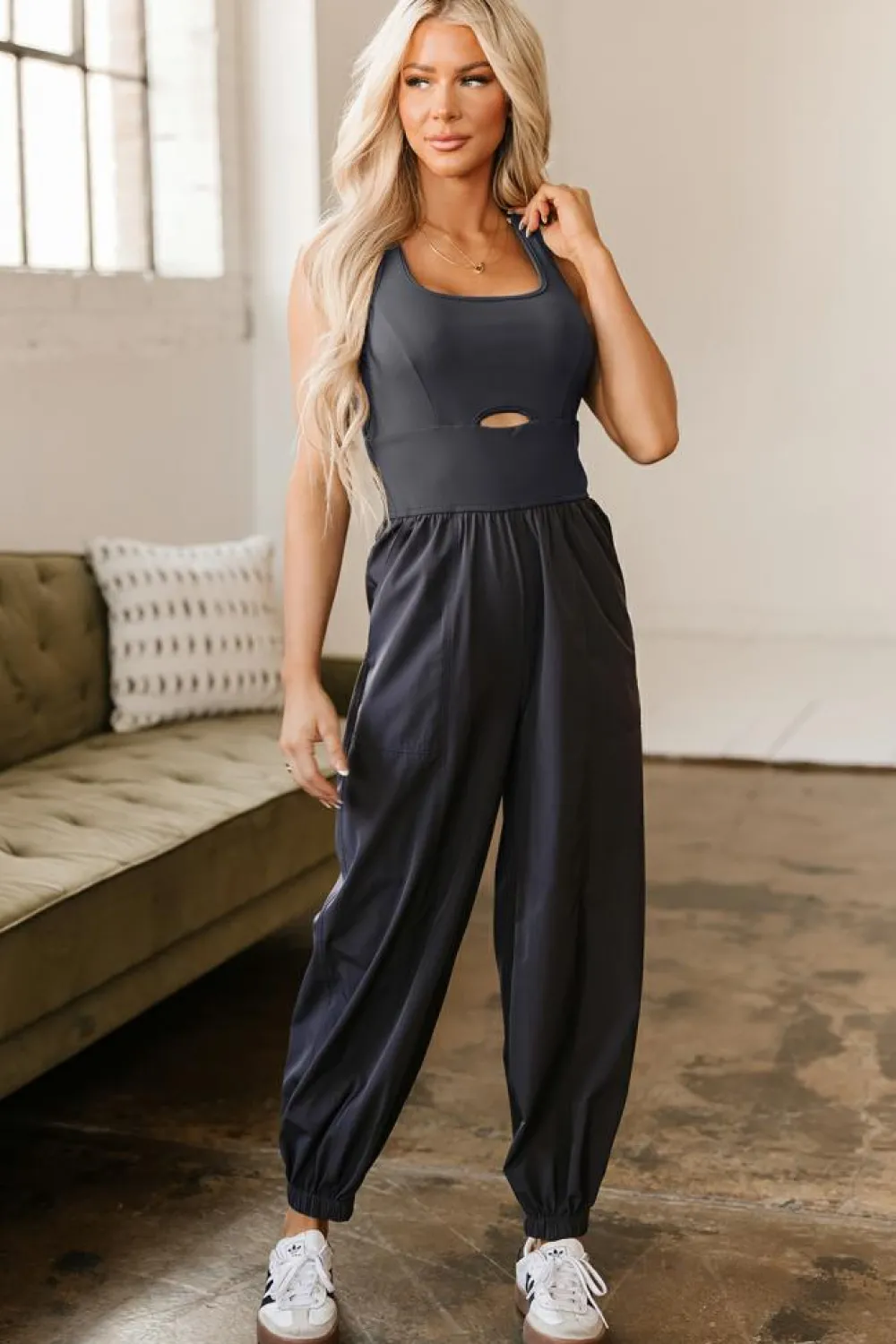 Online Dear-Lover Back Crossed Straps Hollow Out Jogger Jumpsuit Carbon Grey