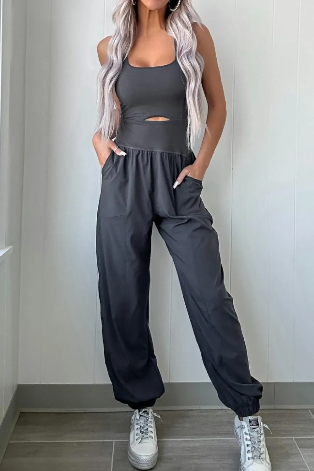Online Dear-Lover Back Crossed Straps Hollow Out Jogger Jumpsuit Carbon Grey