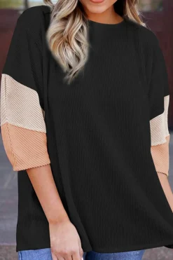 Clearance Dear-Lover Color Block Ribbed Knit Quarter Sleeve Top Carbon Grey