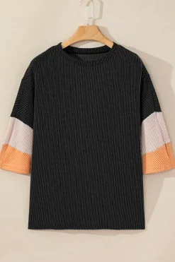 Clearance Dear-Lover Color Block Ribbed Knit Quarter Sleeve Top Carbon Grey