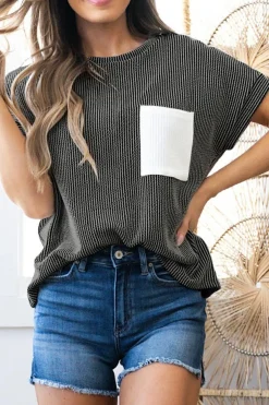 Hot Dear-Lover Corded Knit Color Block Pocketed Crew Neck T Shirt Carbon Grey