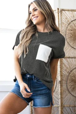 Hot Dear-Lover Corded Knit Color Block Pocketed Crew Neck T Shirt Carbon Grey