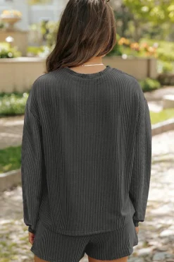Online Dear-Lover Corded Knit Long Sleeve Top and High Waist Shorts Set Carbon Grey