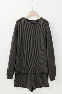 Online Dear-Lover Corded Knit Long Sleeve Top and High Waist Shorts Set Carbon Grey