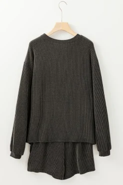 Online Dear-Lover Corded Knit Long Sleeve Top and High Waist Shorts Set Carbon Grey
