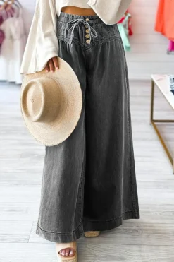 Sale Dear-Lover Mineral Wash Button Fly Waist Wide Leg Jeans Carbon Grey