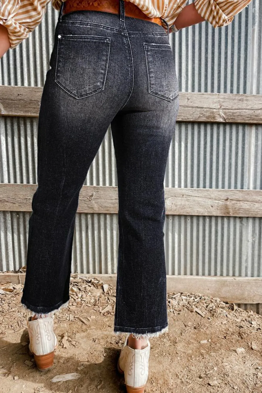Clearance Dear-Lover Mineral Wash Raw Hem High Waist Flared Jeans Carbon Grey