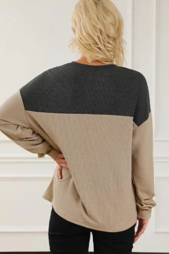 Discount Dear-Lover Notched Neck Colorblock Corded Sweatshirt Carbon Grey