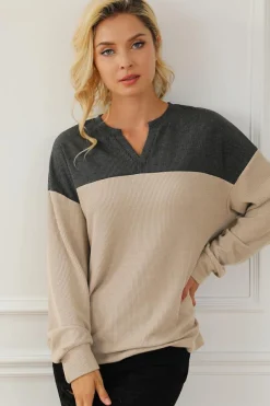 Discount Dear-Lover Notched Neck Colorblock Corded Sweatshirt Carbon Grey