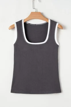 Clearance Dear-Lover Ribbed Knit Colorblock Edge U Neck Slim Fit Tank Top Carbon Grey