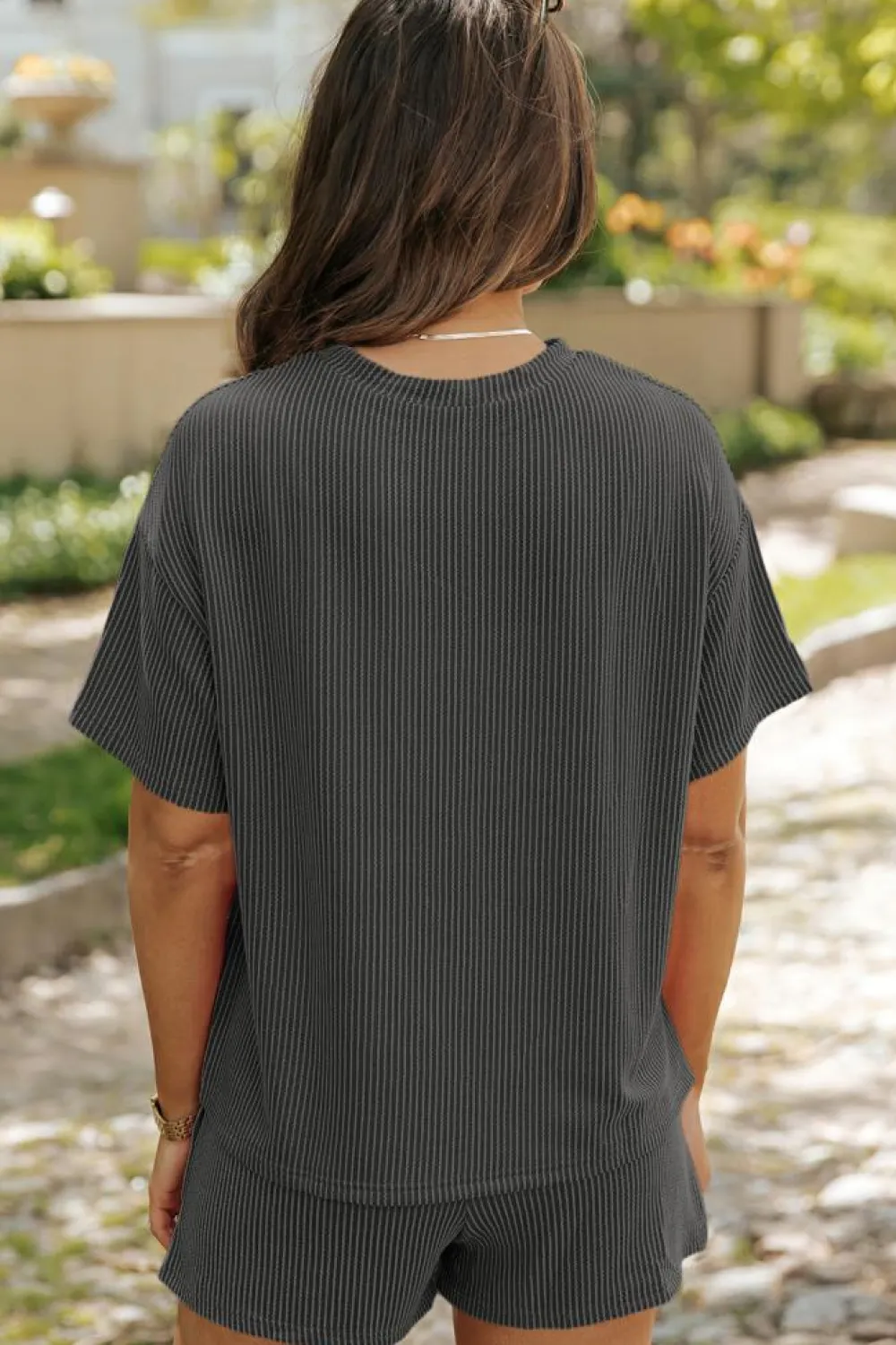 New Dear-Lover Ribbed Textured Knit Loose Fit Tee and Shorts Set Carbon Grey