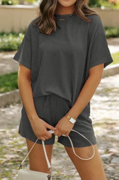 New Dear-Lover Ribbed Textured Knit Loose Fit Tee and Shorts Set Carbon Grey
