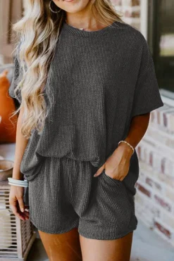 New Dear-Lover Ribbed Textured Knit Loose Fit Tee and Shorts Set Carbon Grey