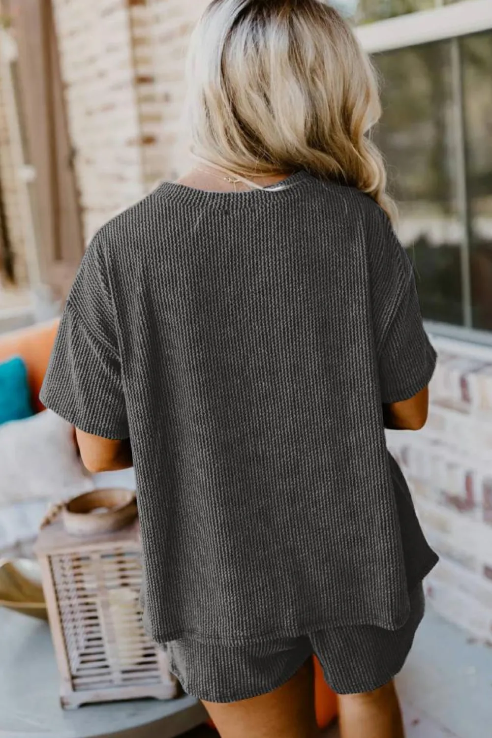 New Dear-Lover Ribbed Textured Knit Loose Fit Tee and Shorts Set Carbon Grey