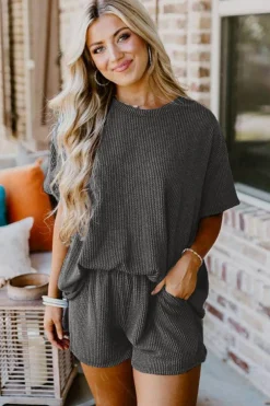 New Dear-Lover Ribbed Textured Knit Loose Fit Tee and Shorts Set Carbon Grey