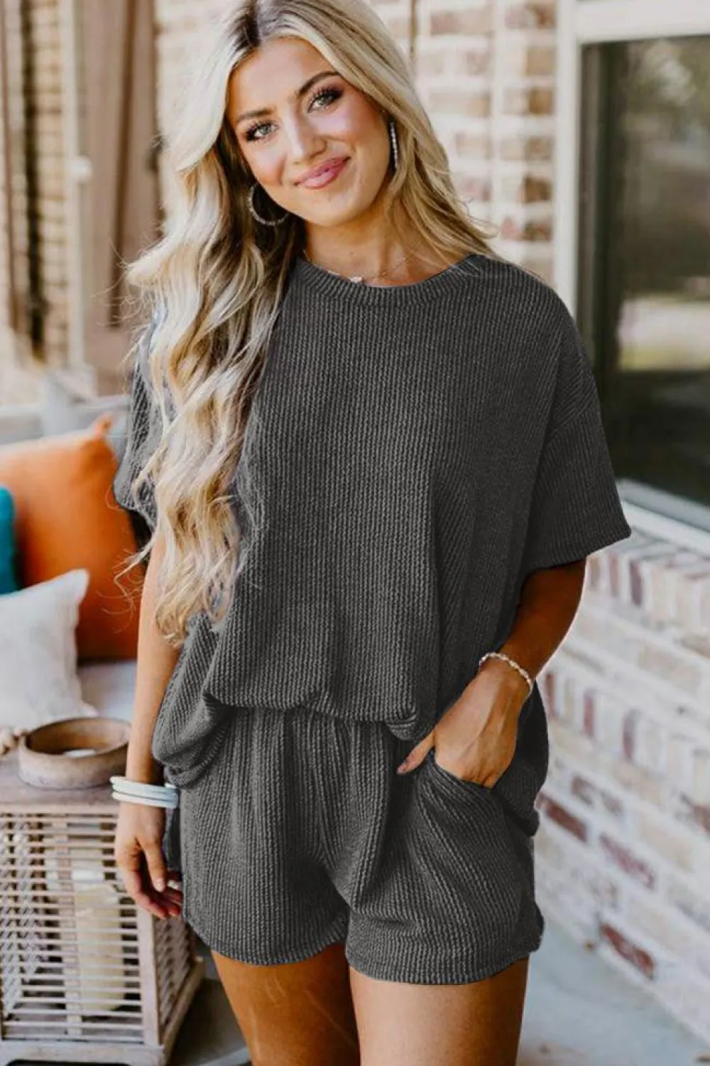 New Dear-Lover Ribbed Textured Knit Loose Fit Tee and Shorts Set Carbon Grey