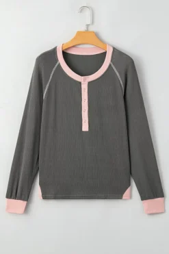 Online Dear-Lover Textured Contrast Stitching Henley Top Carbon Grey