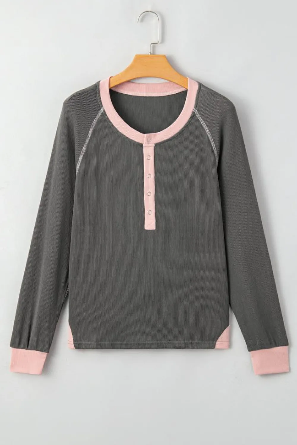 Online Dear-Lover Textured Contrast Stitching Henley Top Carbon Grey
