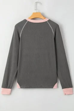 Online Dear-Lover Textured Contrast Stitching Henley Top Carbon Grey