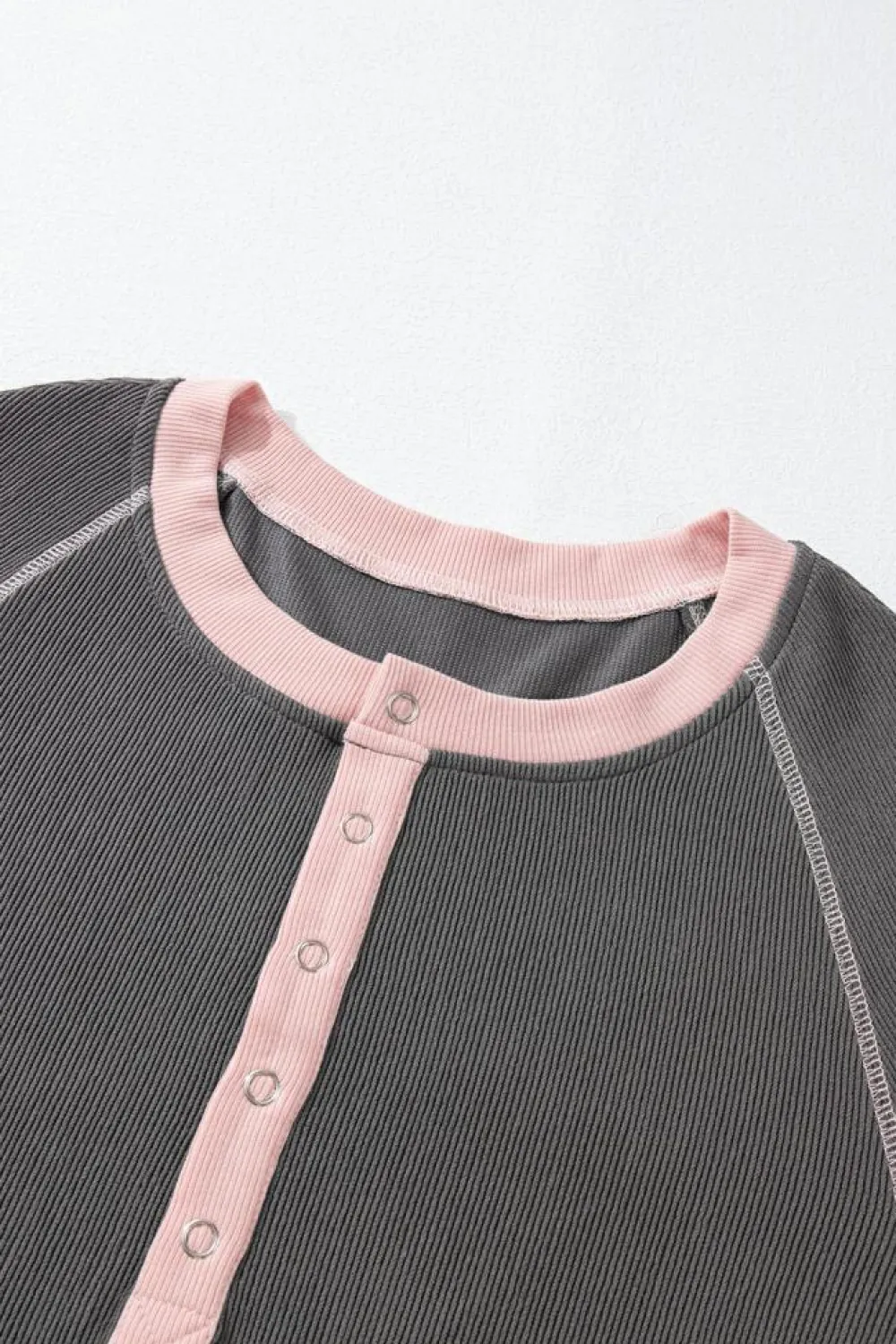 Online Dear-Lover Textured Contrast Stitching Henley Top Carbon Grey