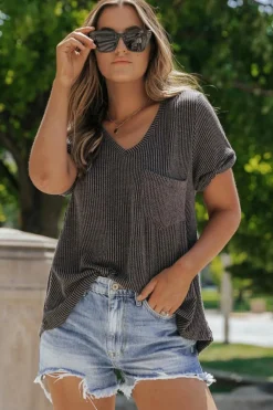 Fashion Dear-Lover Twist Short Sleeve Corded V Neck Top Carbon Grey