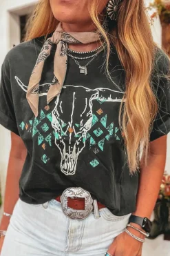 Sale Dear-Lover Vintage Western Bull Head Skull Turquoise Aztec Graphic T Shirt Carbon Grey