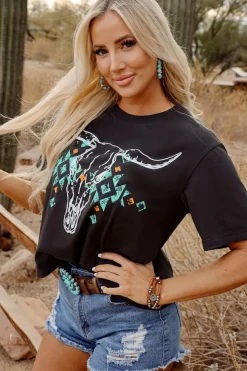 Sale Dear-Lover Vintage Western Bull Head Skull Turquoise Aztec Graphic T Shirt Carbon Grey