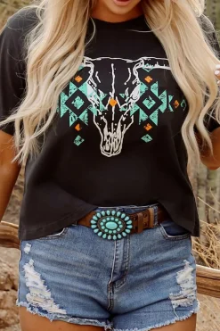 Sale Dear-Lover Vintage Western Bull Head Skull Turquoise Aztec Graphic T Shirt Carbon Grey