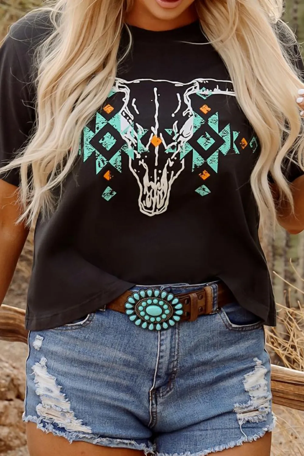 Sale Dear-Lover Vintage Western Bull Head Skull Turquoise Aztec Graphic T Shirt Carbon Grey
