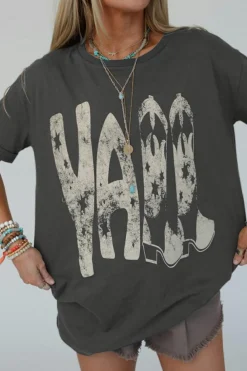 New Dear-Lover Vintage Yall Cowboy Boots Graphic Tee Carbon Grey
