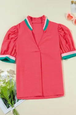 Hot Dear-Lover Colorful Trim V Neck Short Sleeve Blouse Carrot