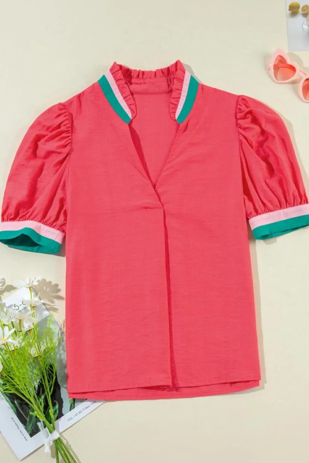 Hot Dear-Lover Colorful Trim V Neck Short Sleeve Blouse Carrot